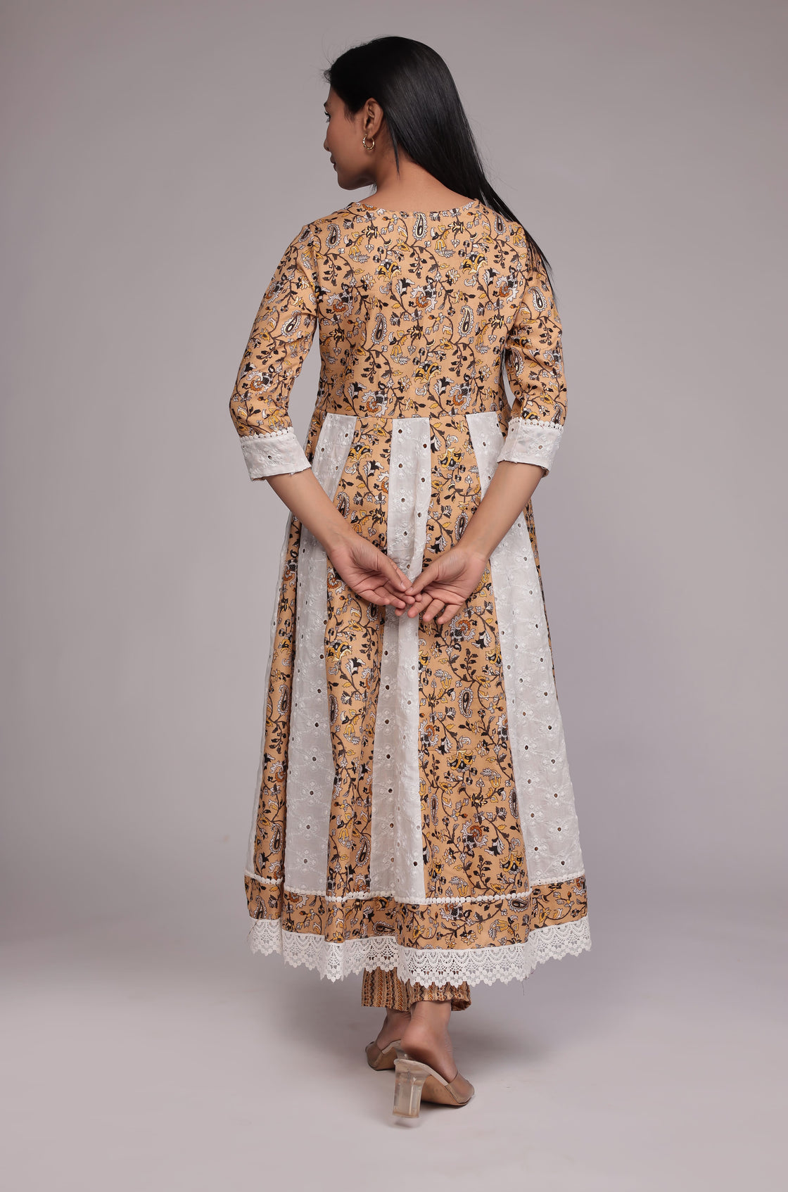 Mustard Schiffli Anarkali Dupatta Set Detailed with mirror work