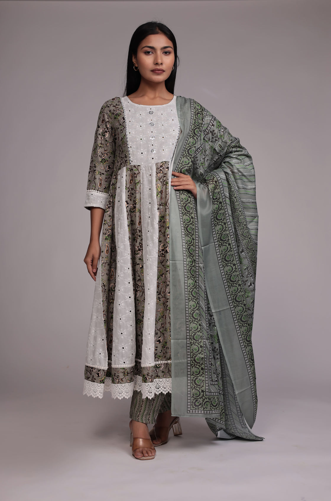 Green Schiffli Anarkali Dupatta Set Detailed with mirror work