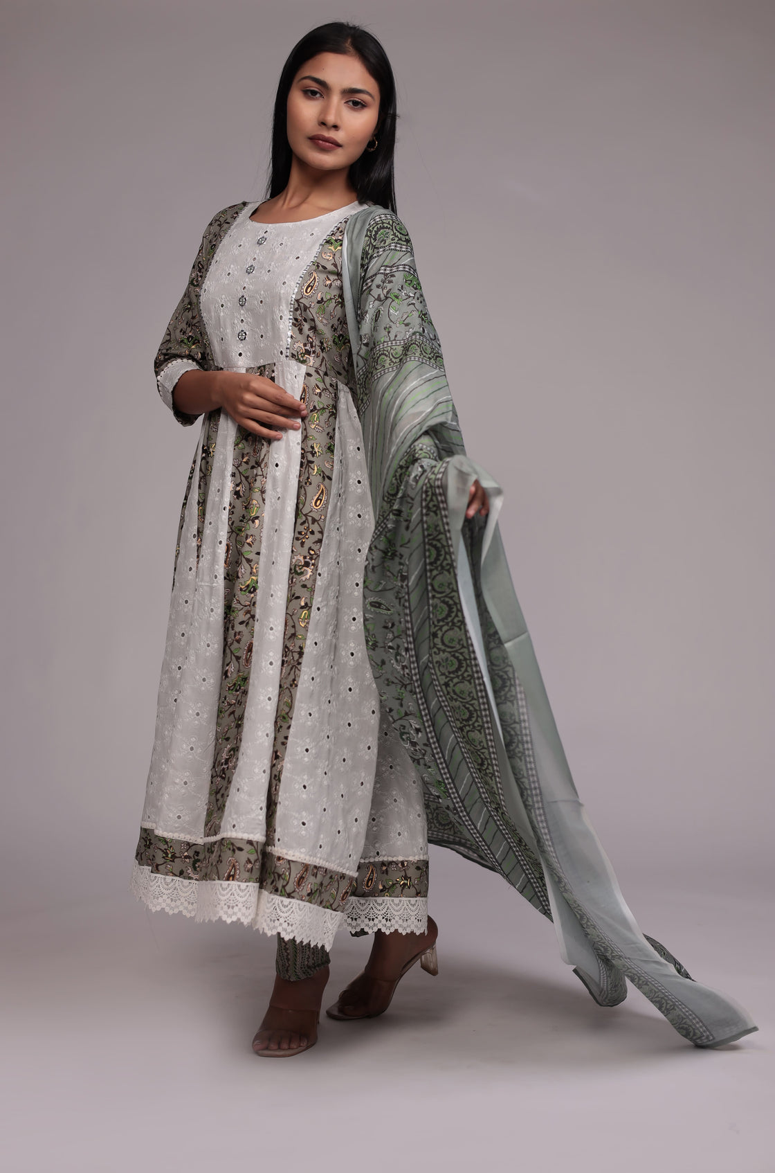 Green Schiffli Anarkali Dupatta Set Detailed with mirror work