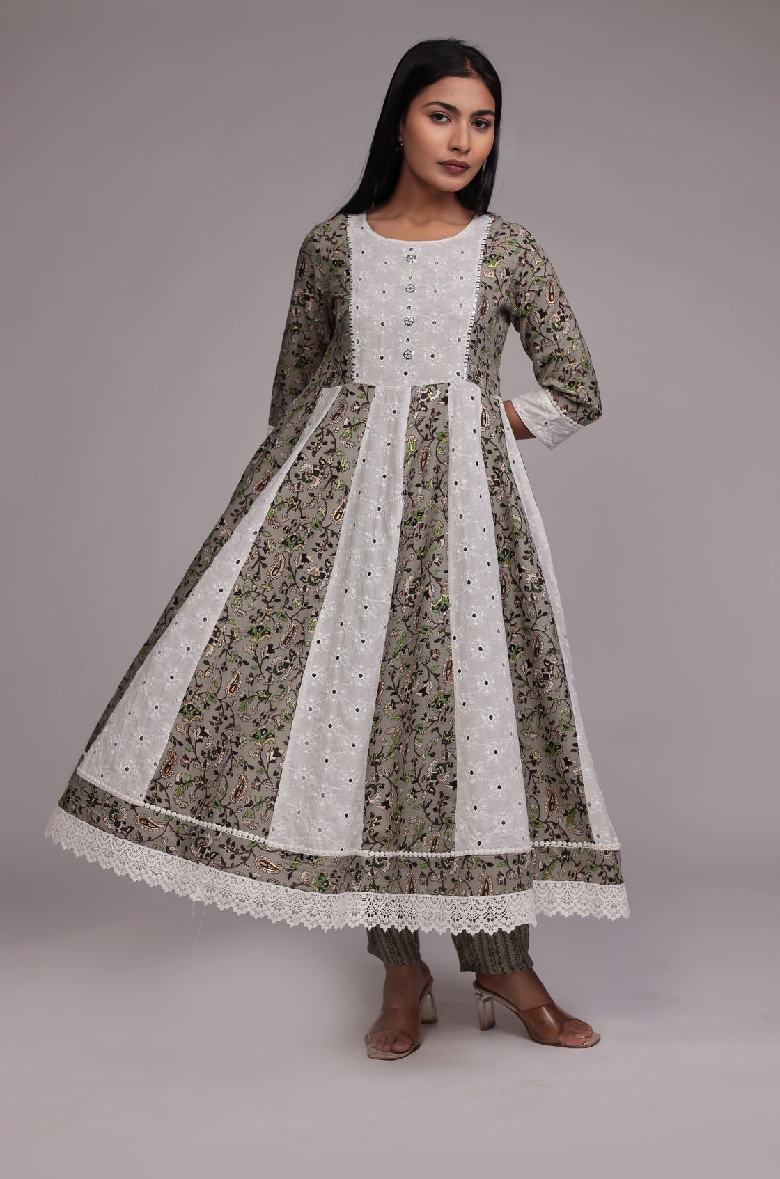 Green Schiffli Anarkali Dupatta Set Detailed with mirror work