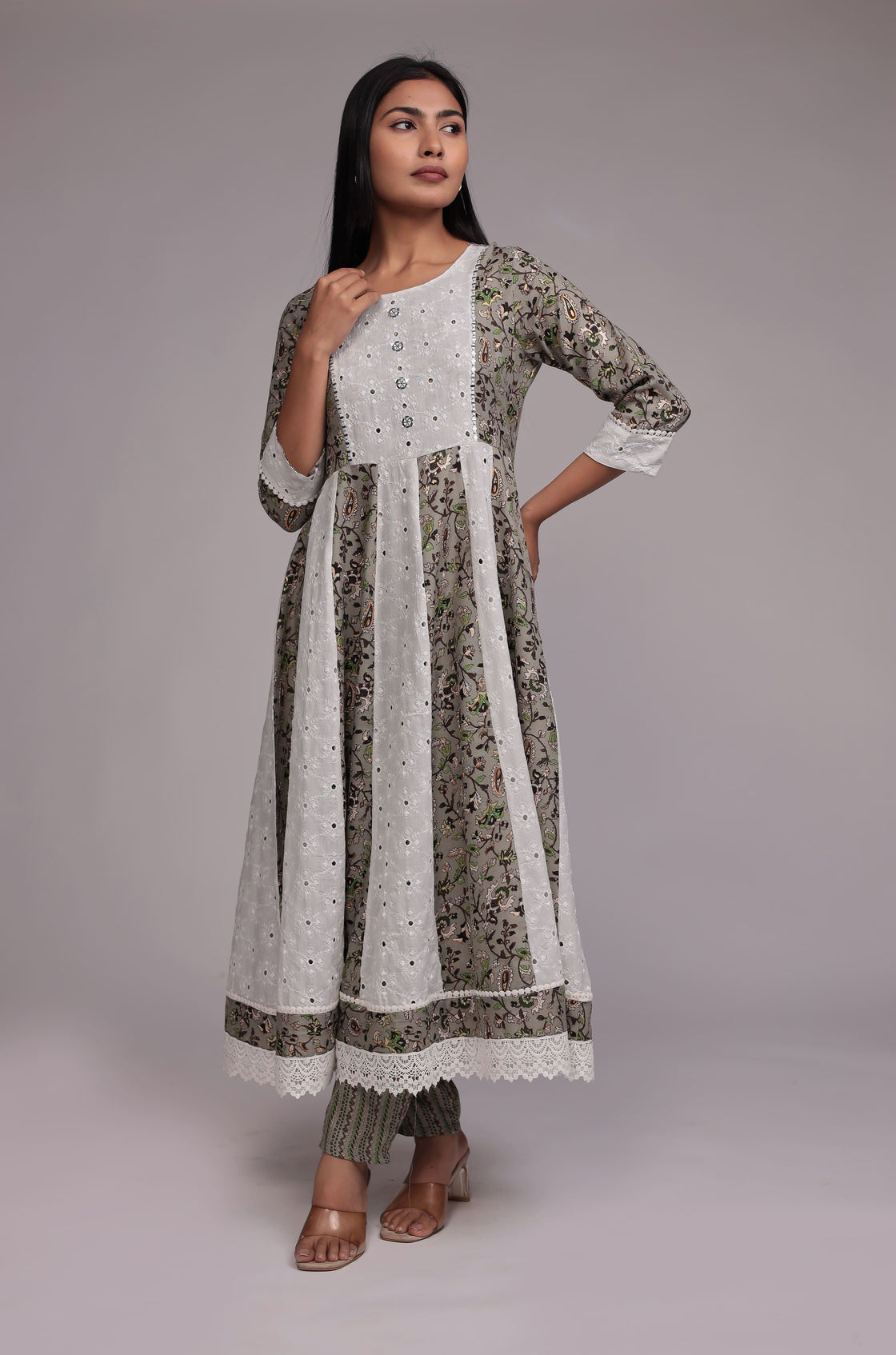 Green Schiffli Anarkali Dupatta Set Detailed with mirror work