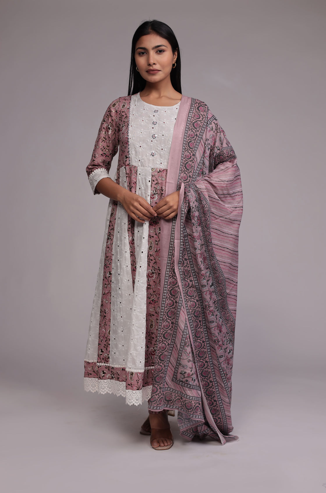 Mauve Schiffli Anarkali Dupatta Set Detailed with mirror work