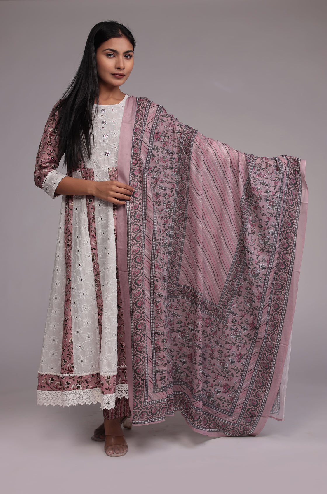 Mauve Schiffli Anarkali Dupatta Set Detailed with mirror work