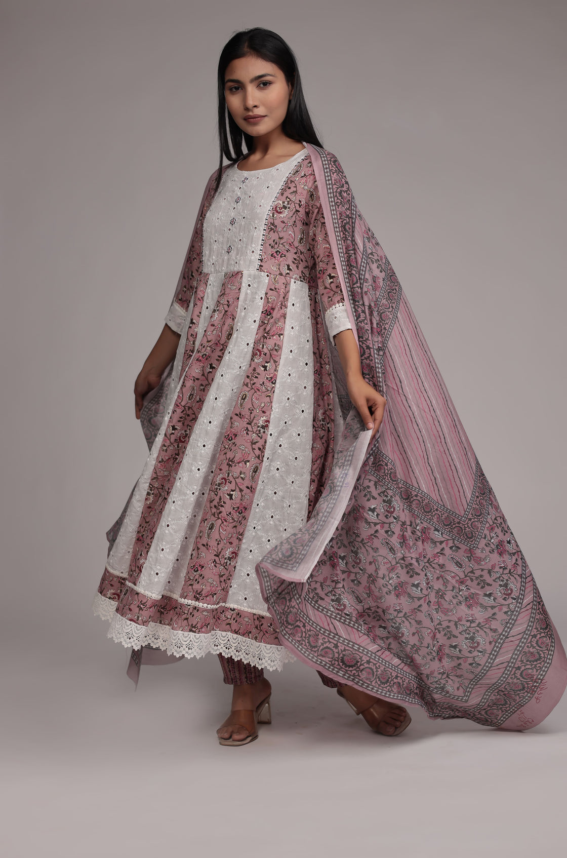 Mauve Schiffli Anarkali Dupatta Set Detailed with mirror work