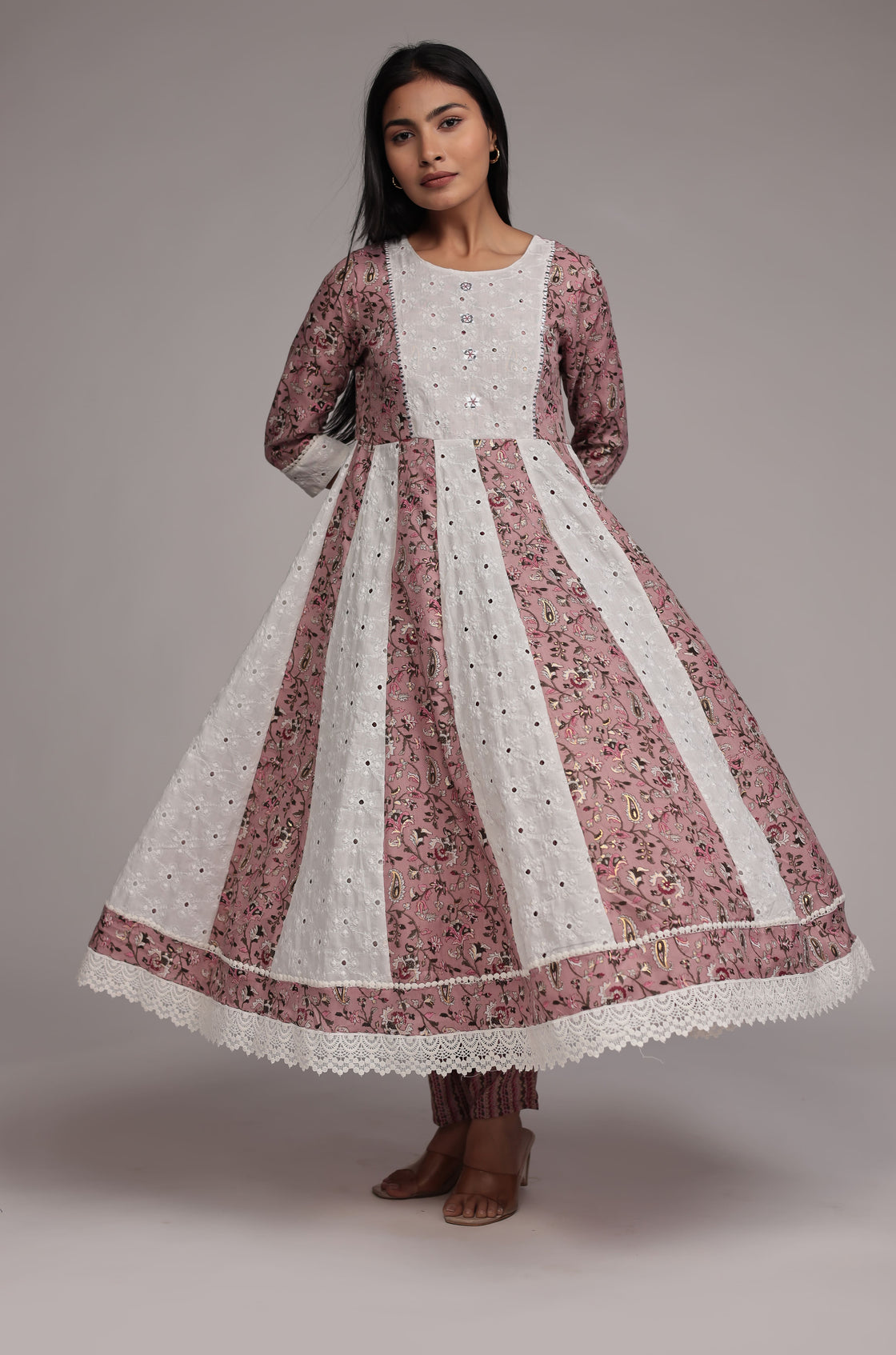 Mauve Schiffli Anarkali Dupatta Set Detailed with mirror work