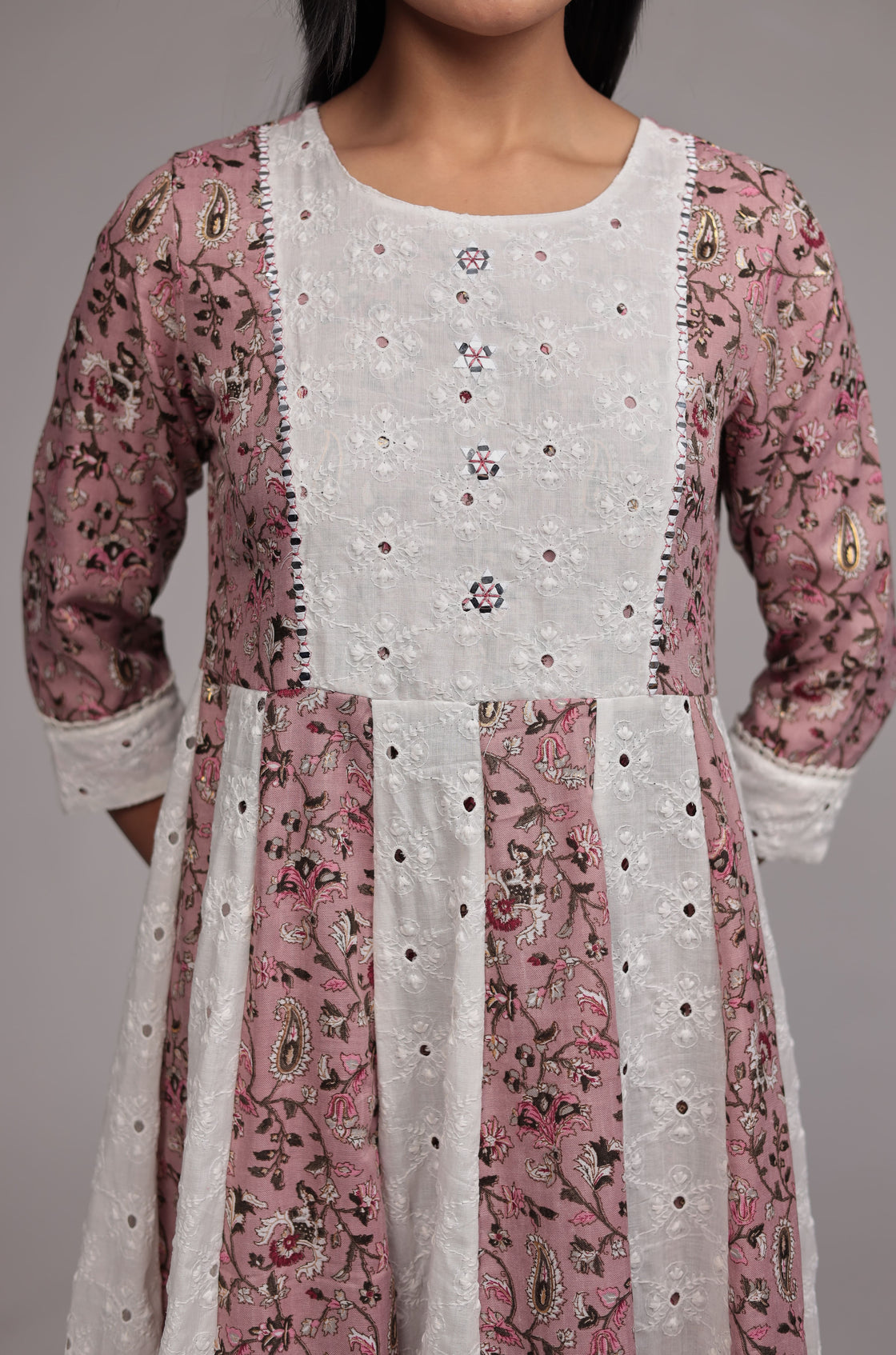 Mauve Schiffli Anarkali Dupatta Set Detailed with mirror work