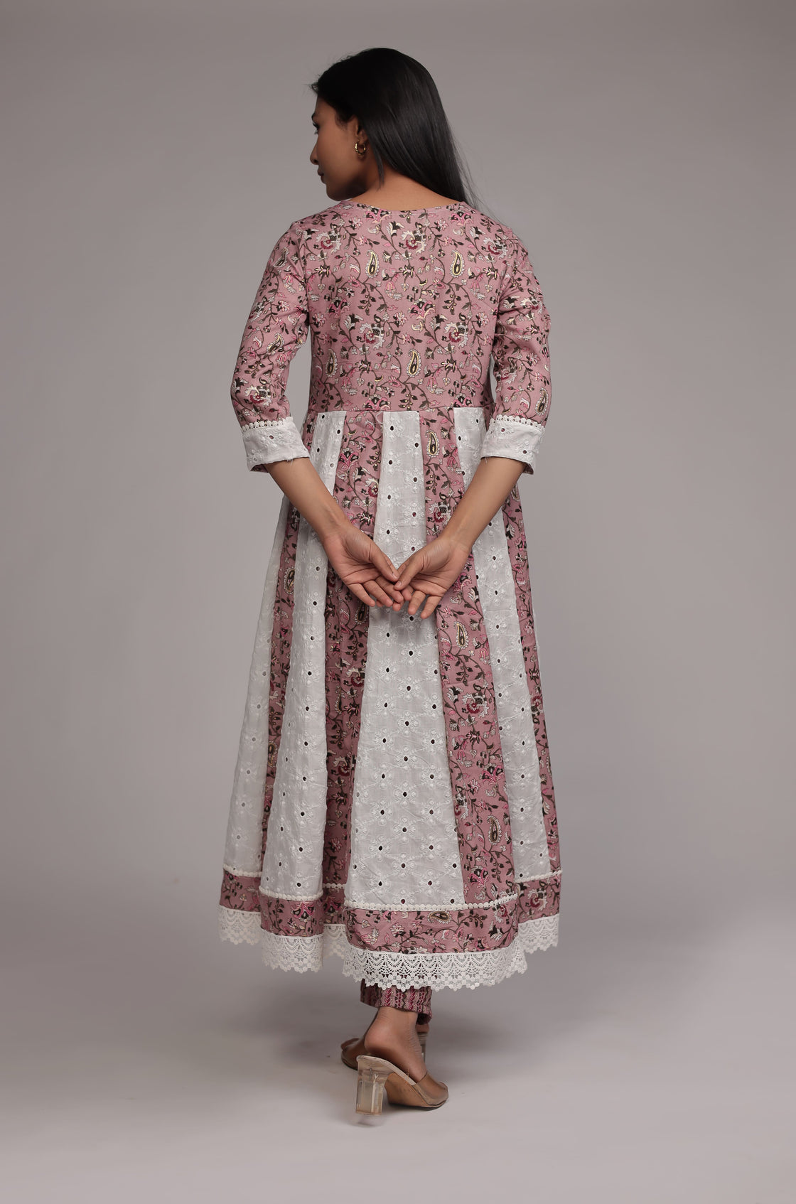 Mauve Schiffli Anarkali Dupatta Set Detailed with mirror work
