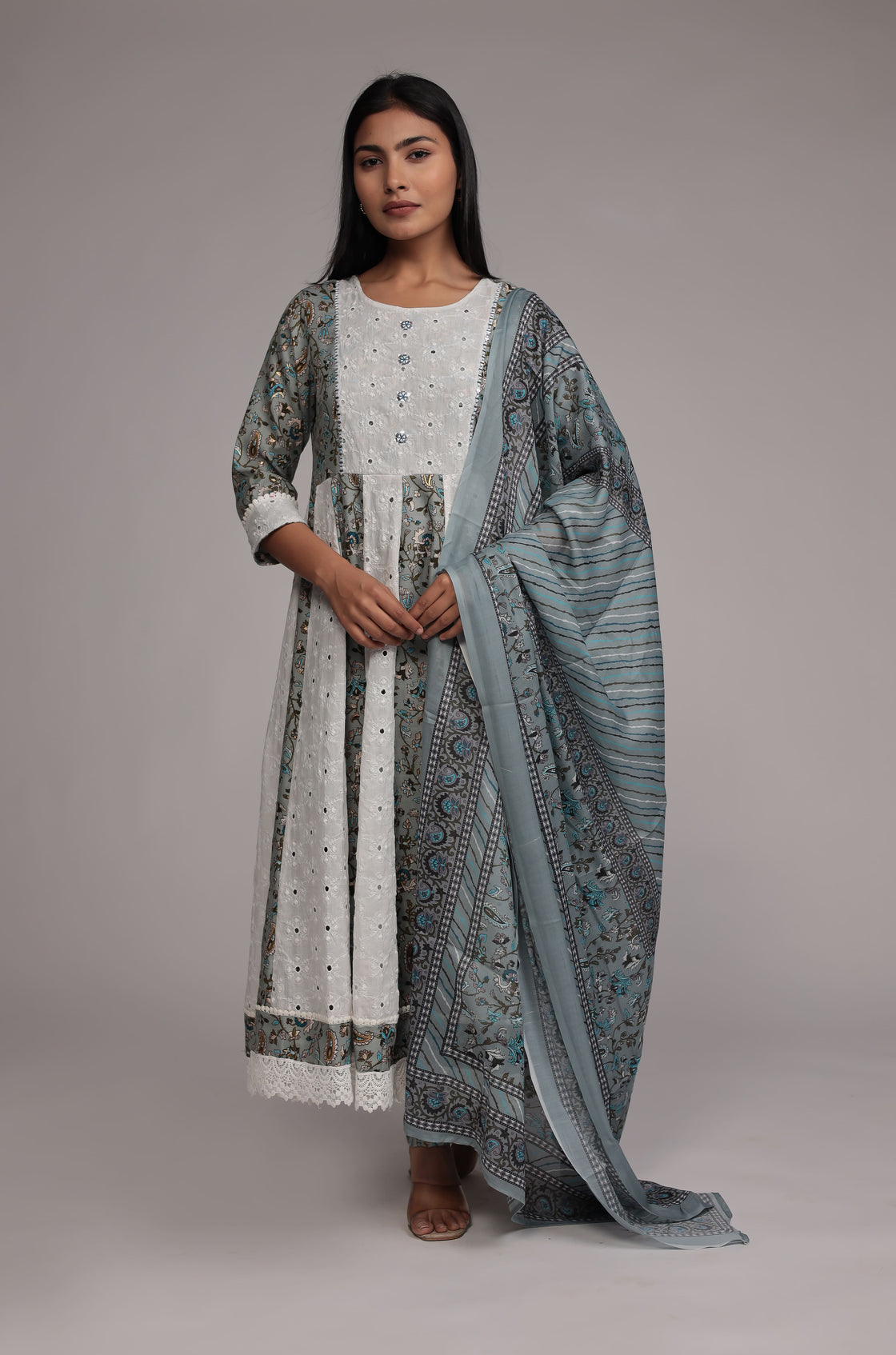 Grey Schiffli Anarkali Dupatta Set Detailed with mirror work