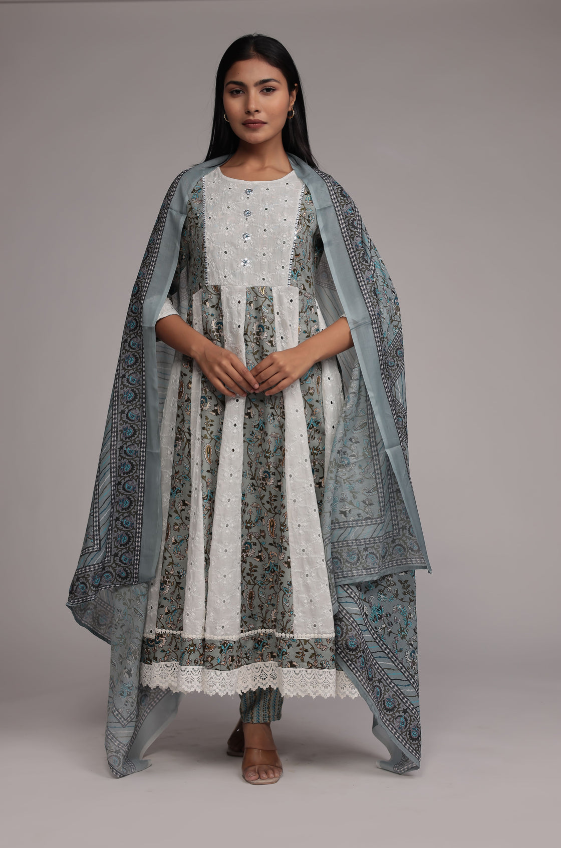 Grey Schiffli Anarkali Dupatta Set Detailed with mirror work