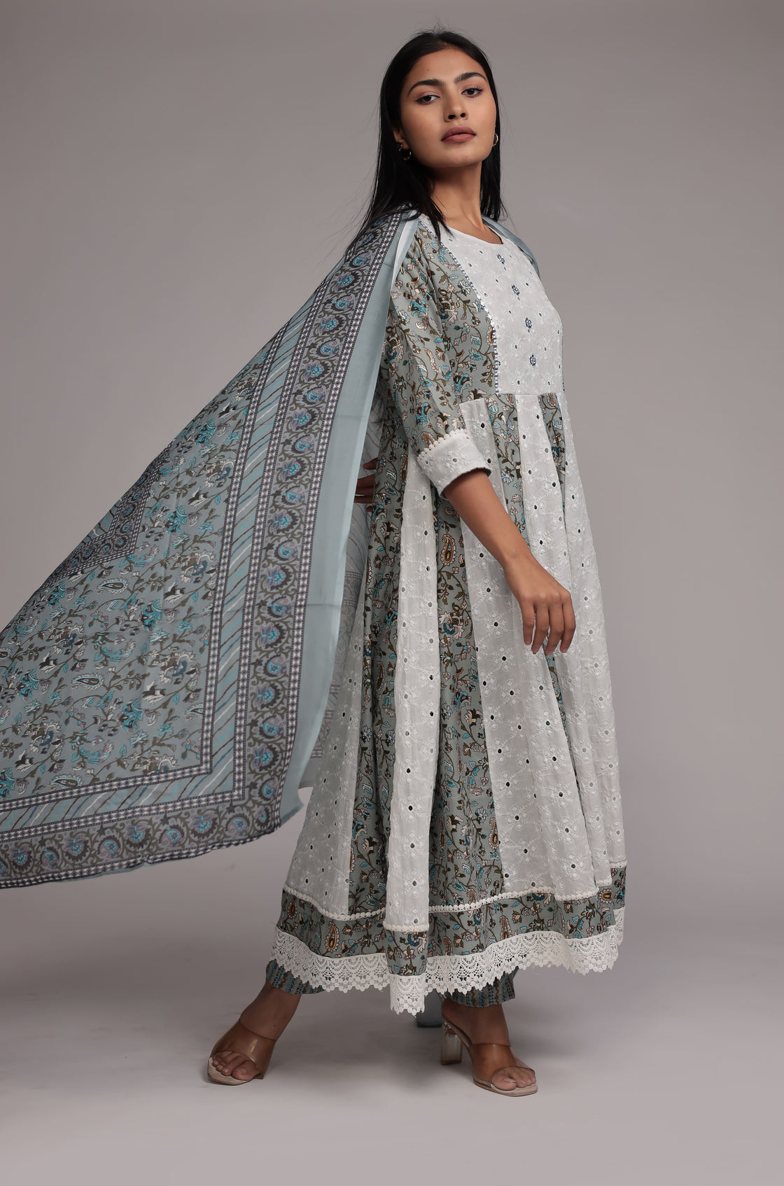 Grey Schiffli Anarkali Dupatta Set Detailed with mirror work