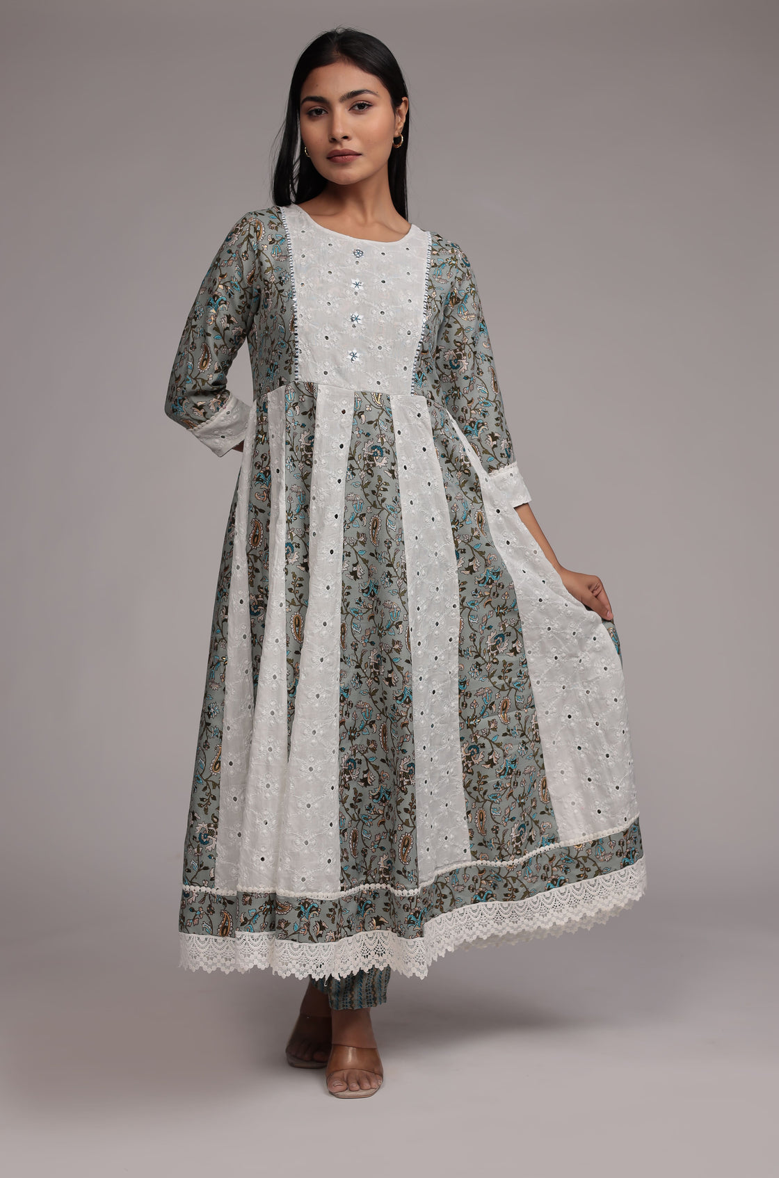 Grey Schiffli Anarkali Dupatta Set Detailed with mirror work