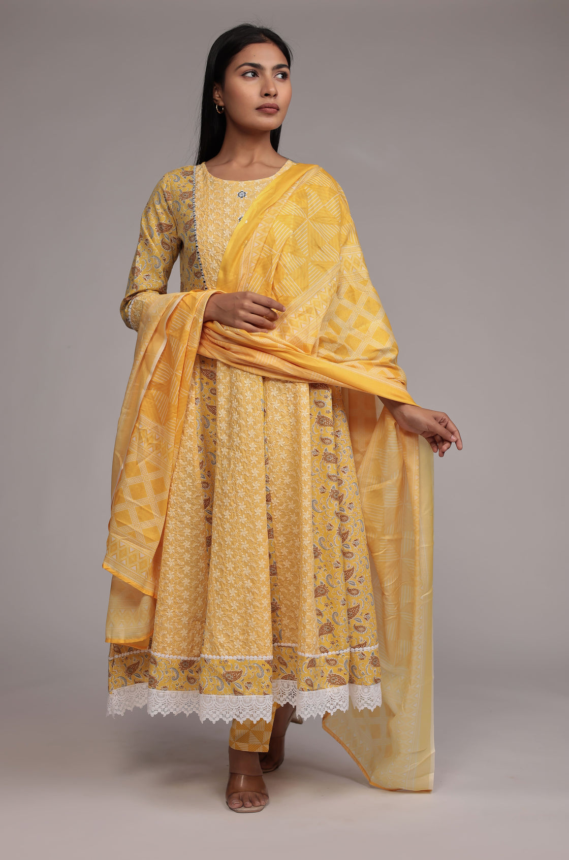 Yellow Schiffli Anarkali Dupatta Set Detailed with mirror work