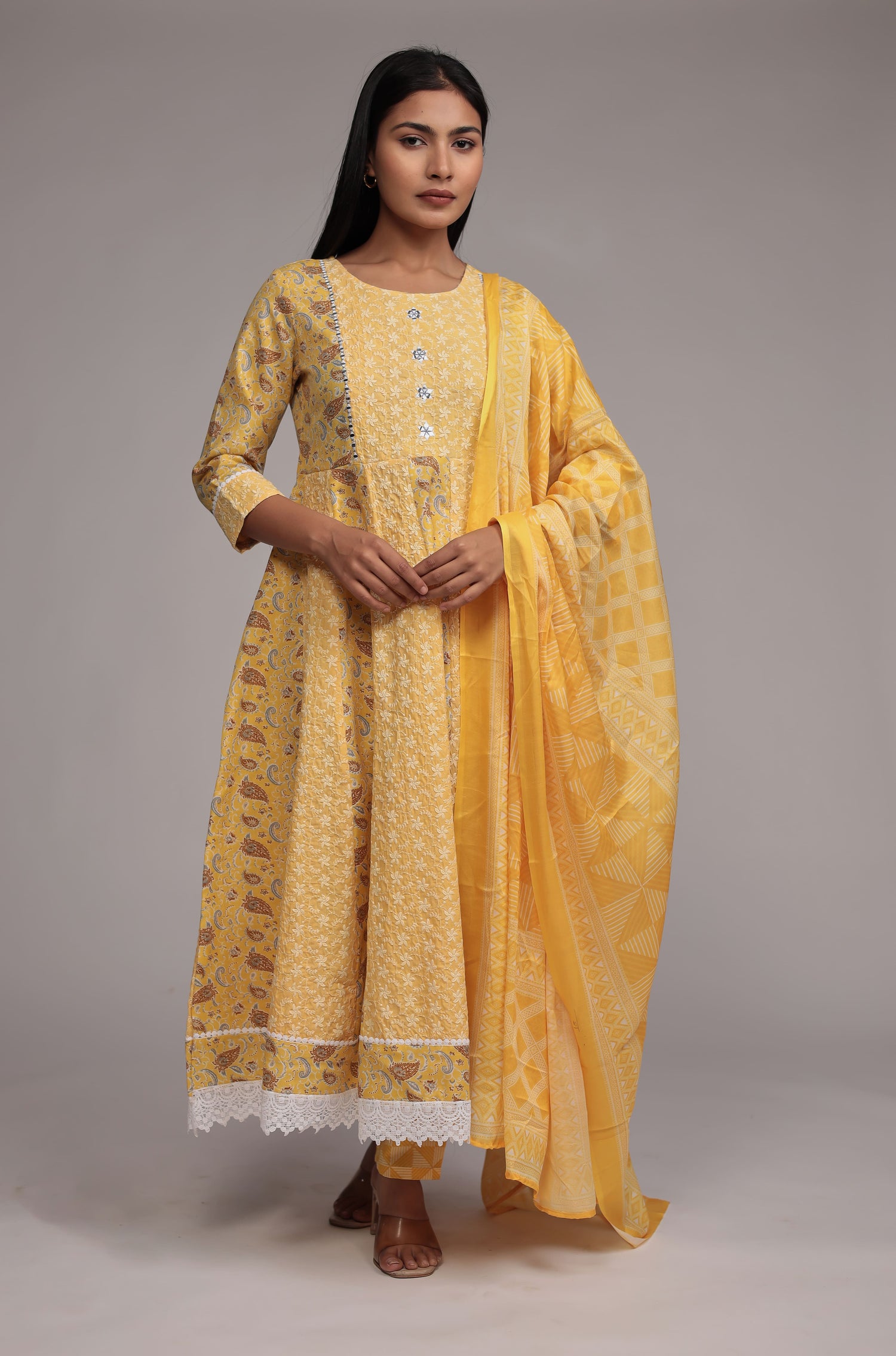 Yellow Schiffli Anarkali Dupatta Set Detailed with mirror work