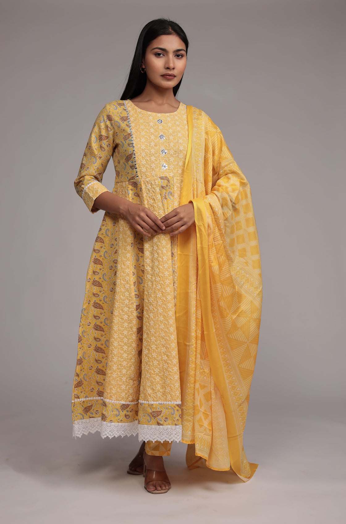 Yellow Schiffli Anarkali Dupatta Set Detailed with mirror work