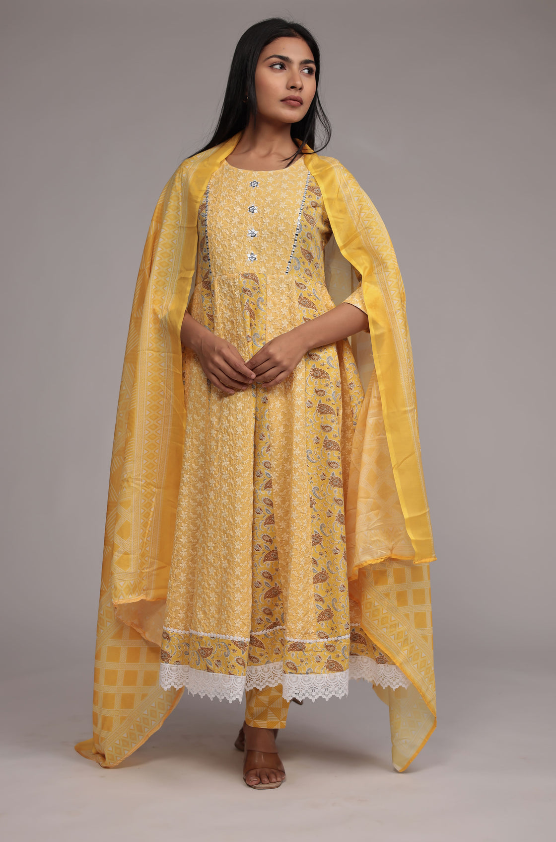 Yellow Schiffli Anarkali Dupatta Set Detailed with mirror work
