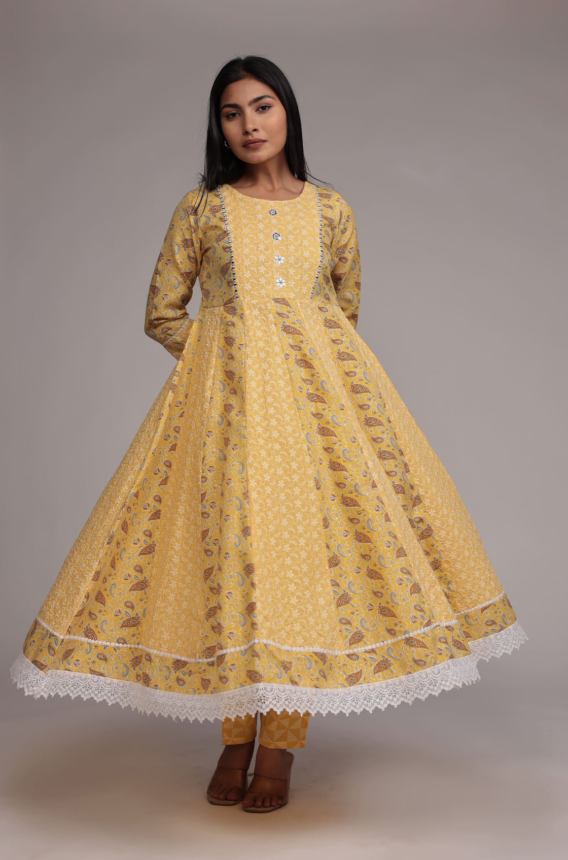 Yellow Schiffli Anarkali Dupatta Set Detailed with mirror work