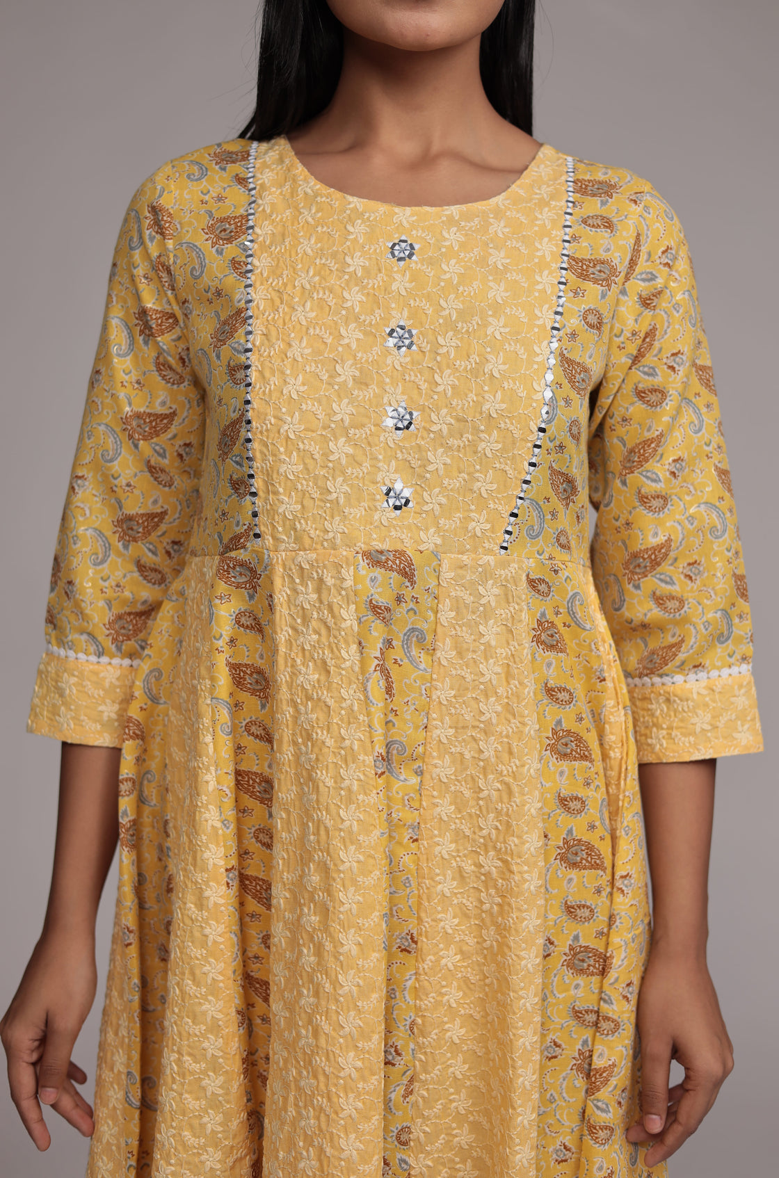 Yellow Schiffli Anarkali Dupatta Set Detailed with mirror work