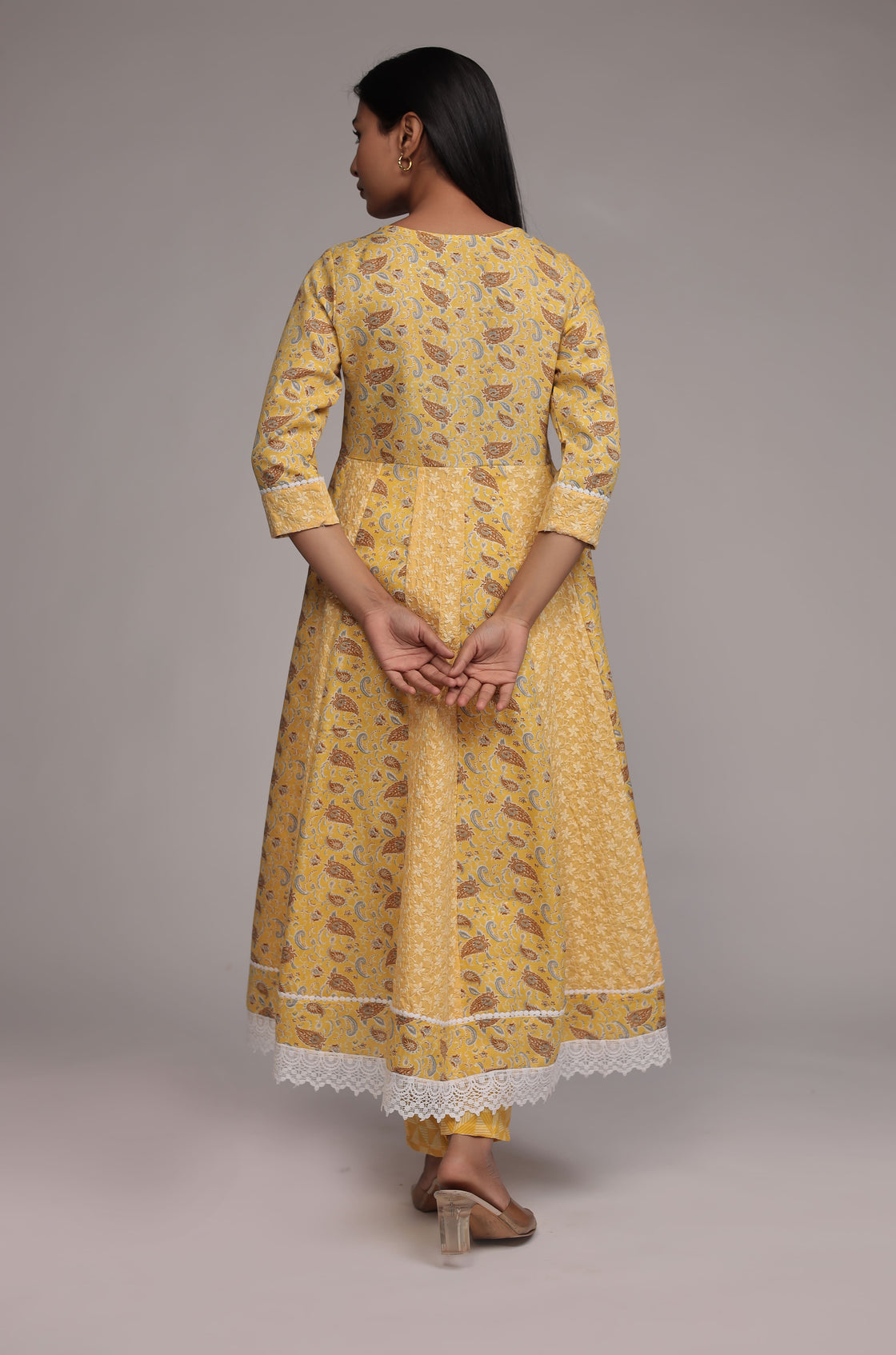 Yellow Schiffli Anarkali Dupatta Set Detailed with mirror work