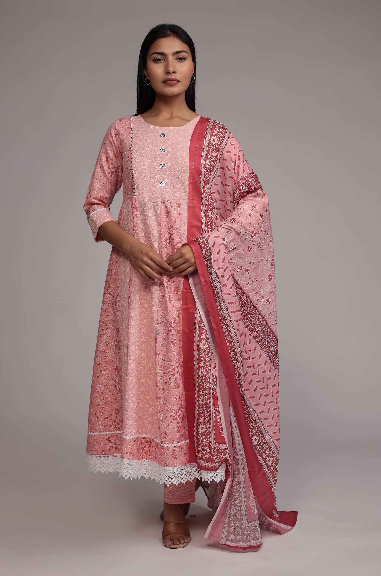 Peach schiffli Anarkali Dupatta Set Detailed with mirror work
