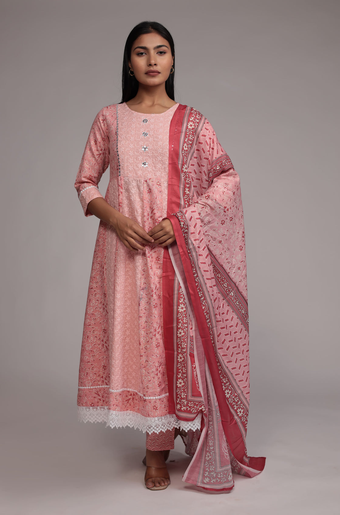 Peach schiffli Anarkali Dupatta Set Detailed with mirror work