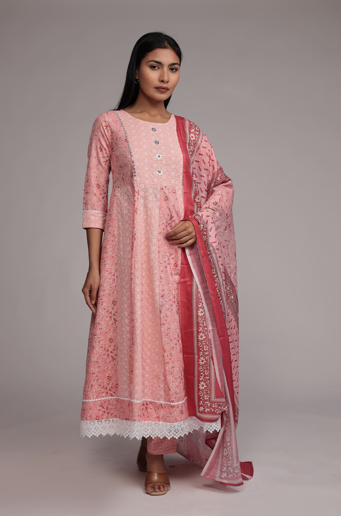 Peach schiffli Anarkali Dupatta Set Detailed with mirror work