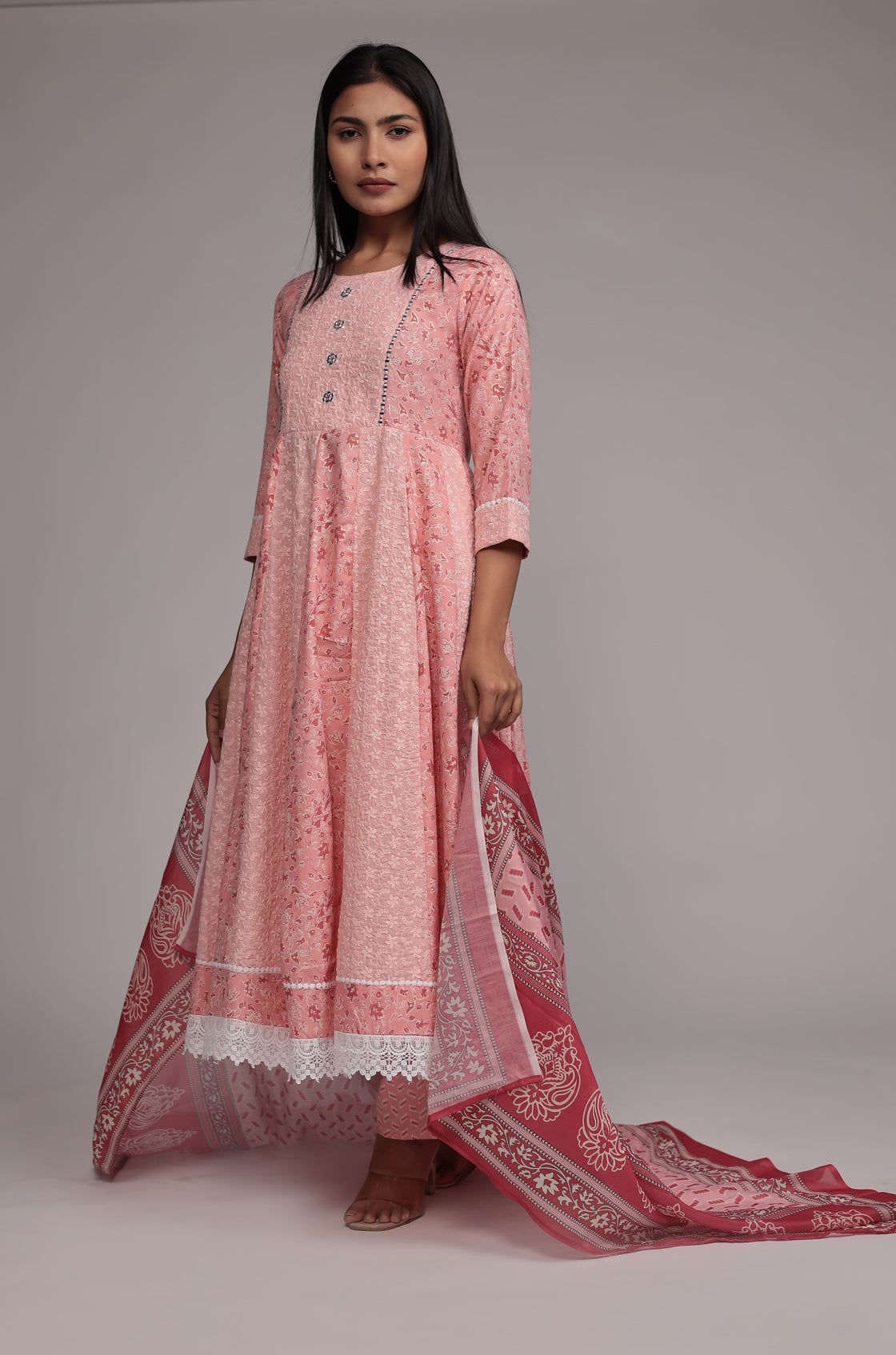Peach schiffli Anarkali Dupatta Set Detailed with mirror work