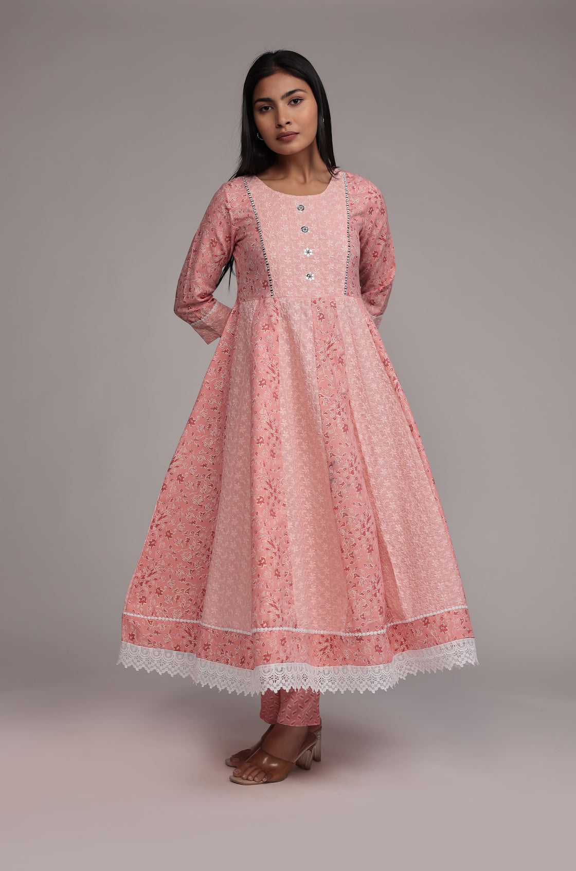 Peach schiffli Anarkali Dupatta Set Detailed with mirror work