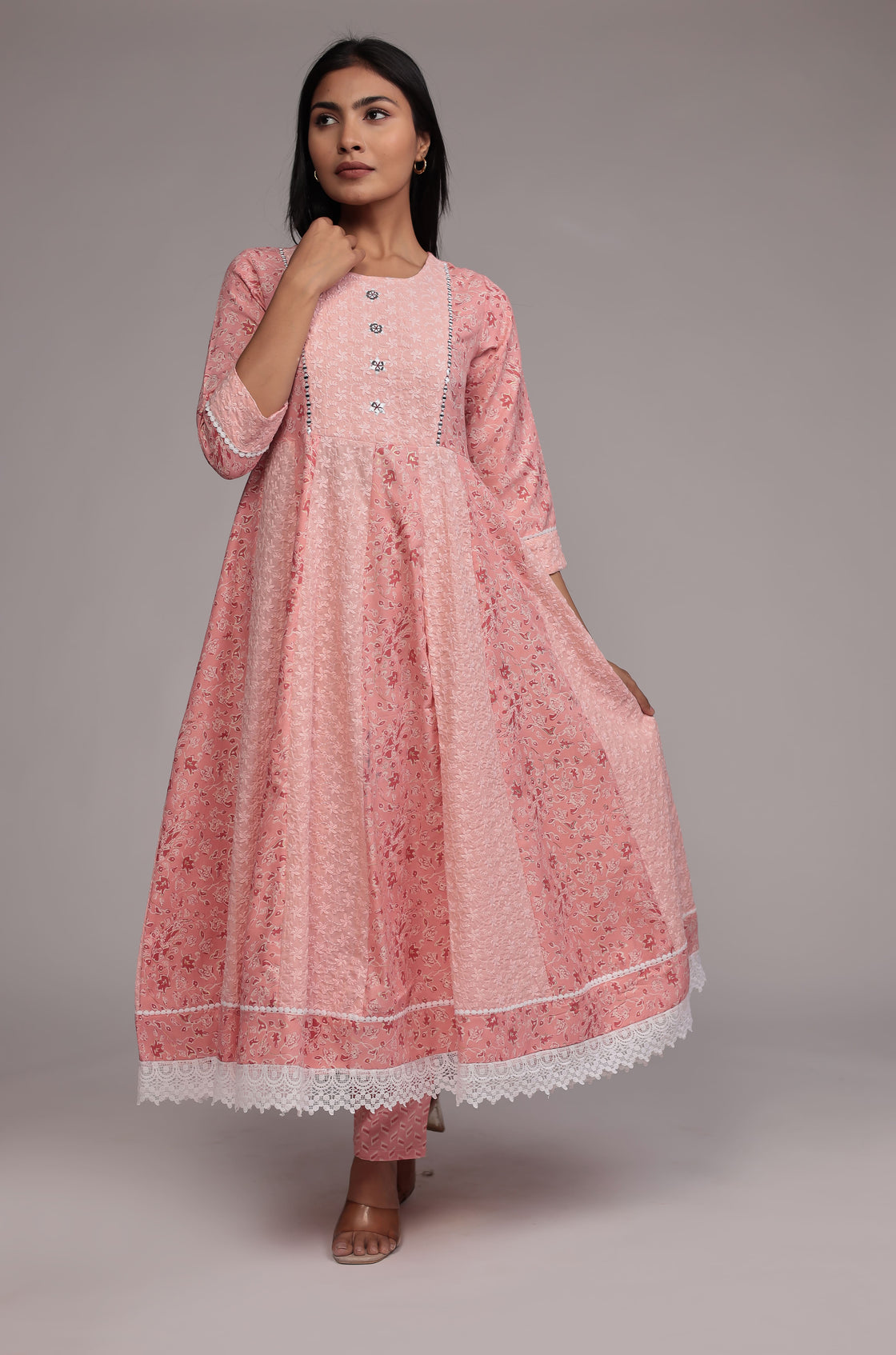 Peach schiffli Anarkali Dupatta Set Detailed with mirror work