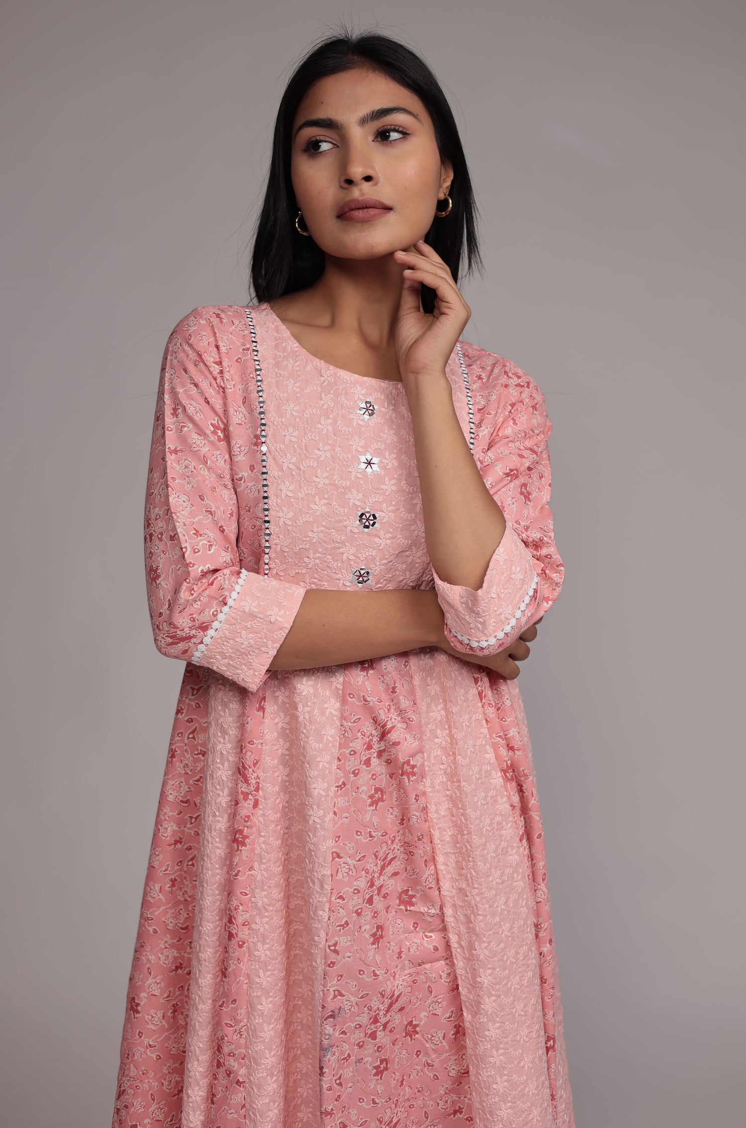 Peach schiffli Anarkali Dupatta Set Detailed with mirror work