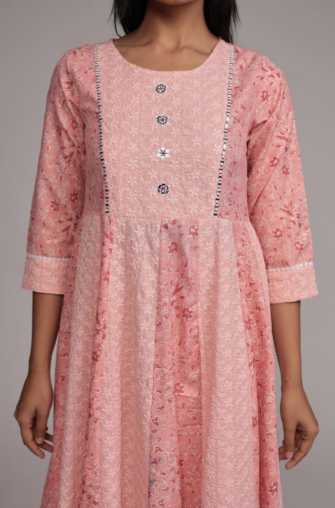 Peach schiffli Anarkali Dupatta Set Detailed with mirror work