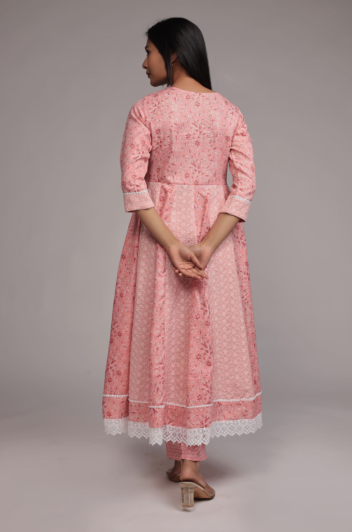 Peach schiffli Anarkali Dupatta Set Detailed with mirror work