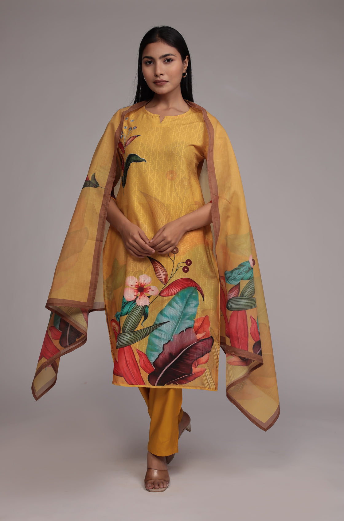 Mustard Lapet Fine Digital Print with Hand Embroidery Detailing Dupatta Set