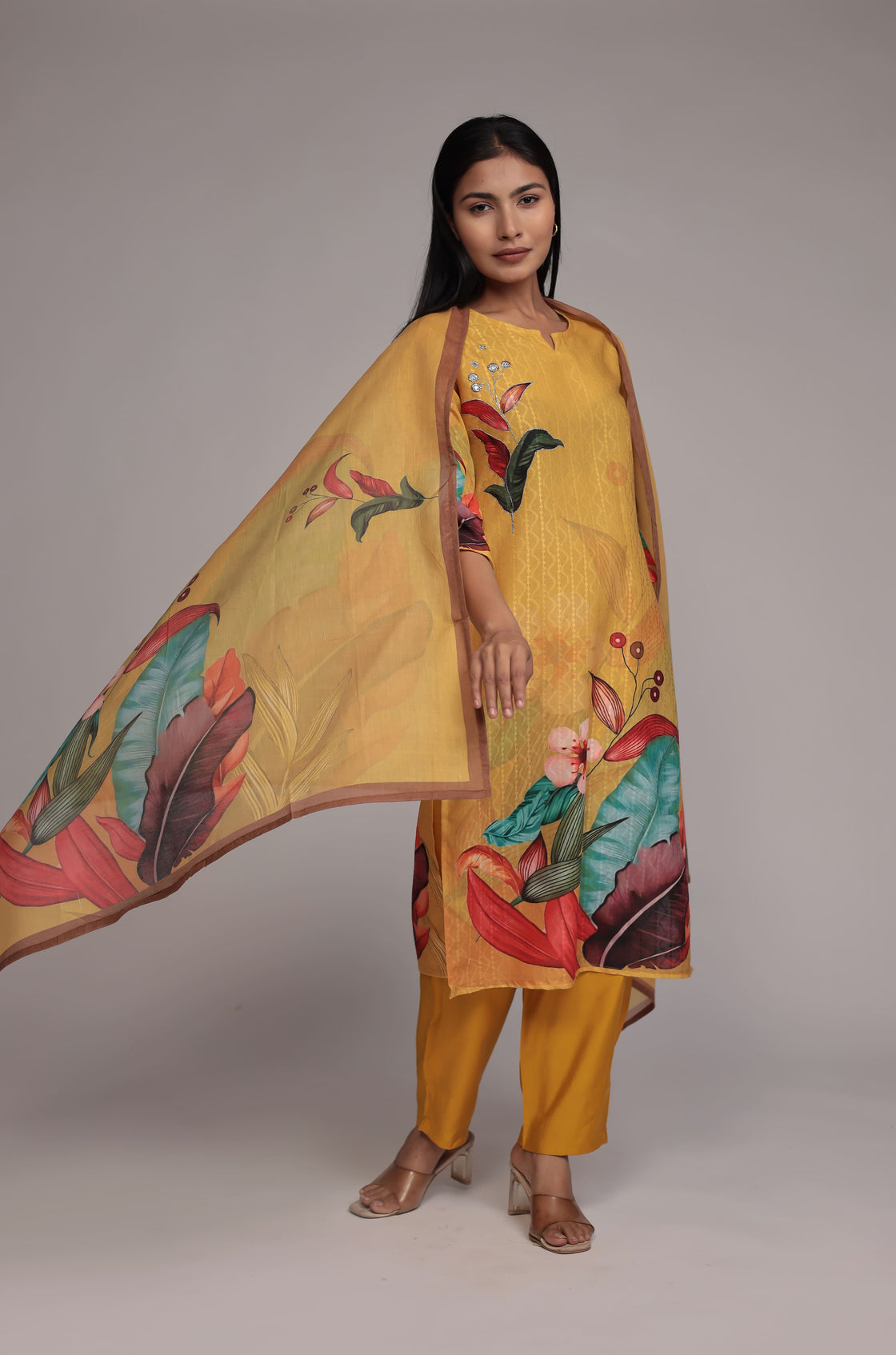 Mustard Lapet Fine Digital Print with Hand Embroidery Detailing Dupatta Set