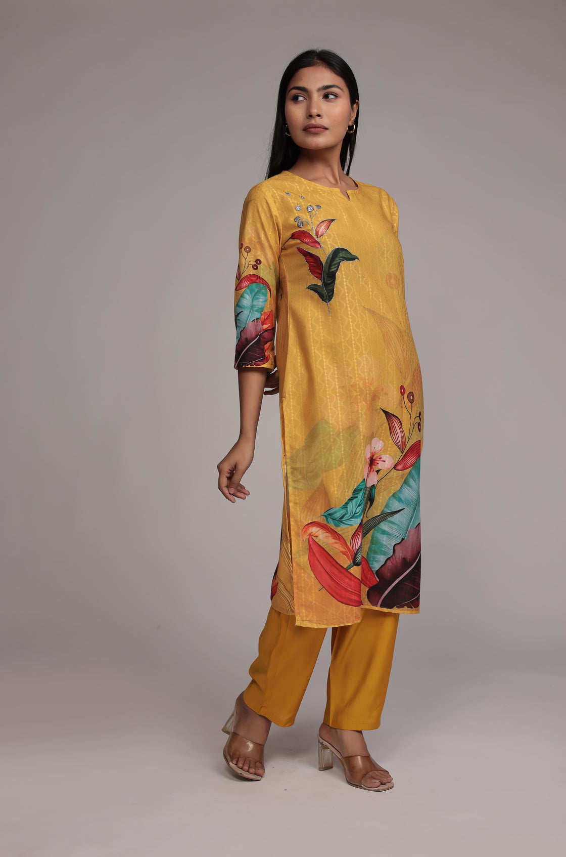 Mustard Lapet Fine Digital Print with Hand Embroidery Detailing Dupatta Set