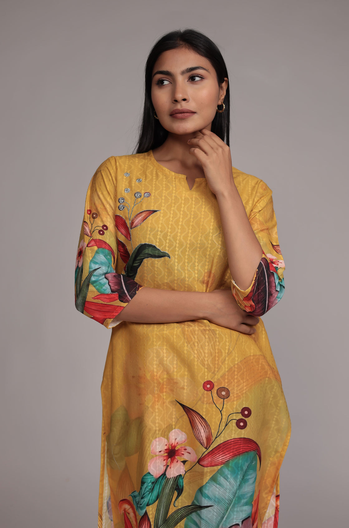 Mustard Lapet Fine Digital Print with Hand Embroidery Detailing Dupatta Set