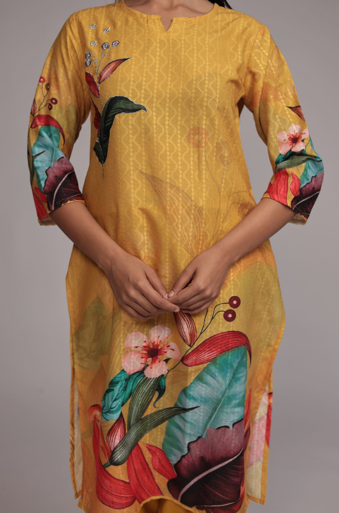 Mustard Lapet Fine Digital Print with Hand Embroidery Detailing Dupatta Set