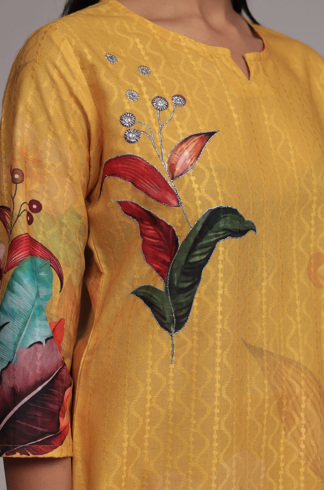 Mustard Lapet Fine Digital Print with Hand Embroidery Detailing Dupatta Set
