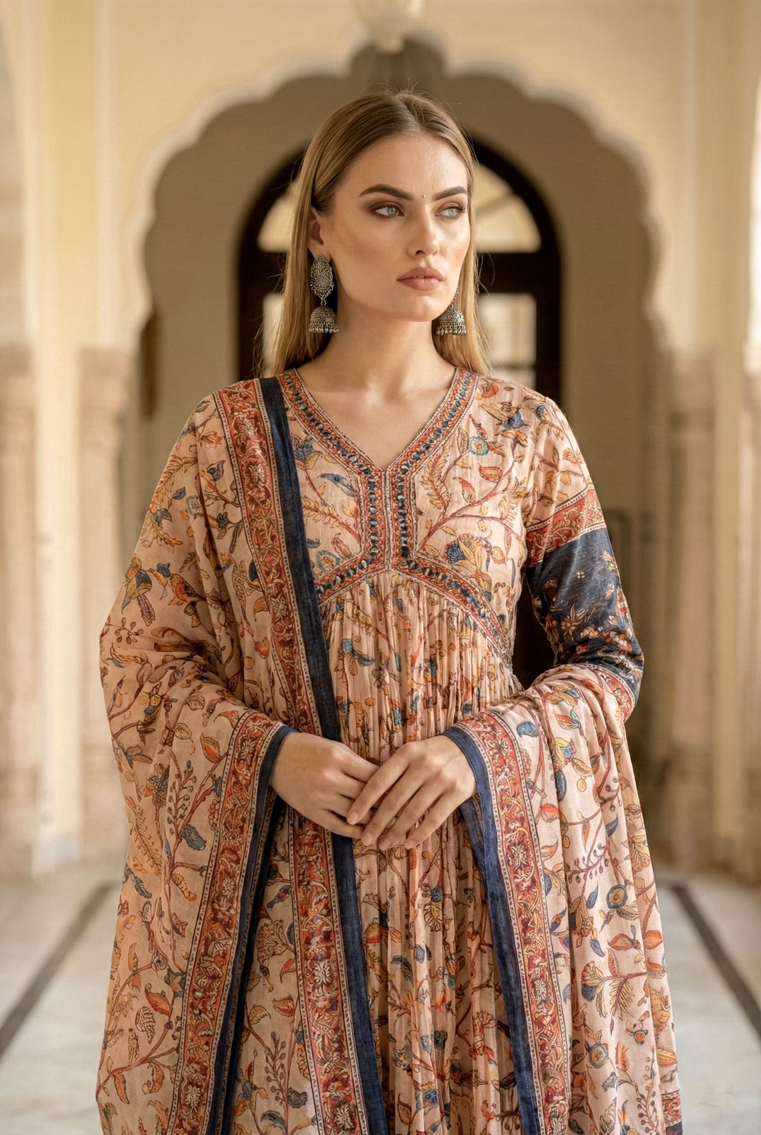 Kalamkari Print Anarkali Suit Set | Embroidered Chinnon Kurta with Silk Pants