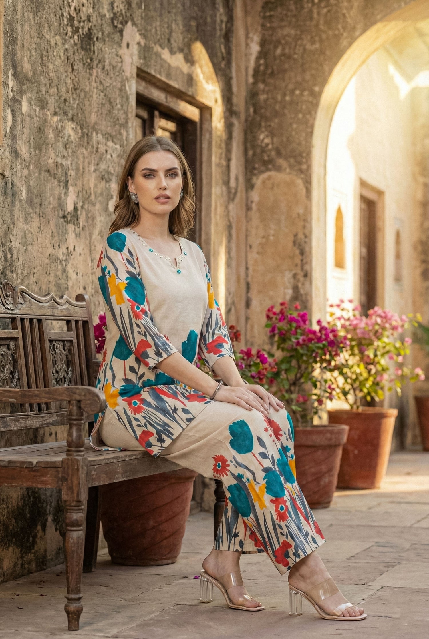 Vivid Floral Art Co-ord Set | Hand-Embroidered Cotton Flex