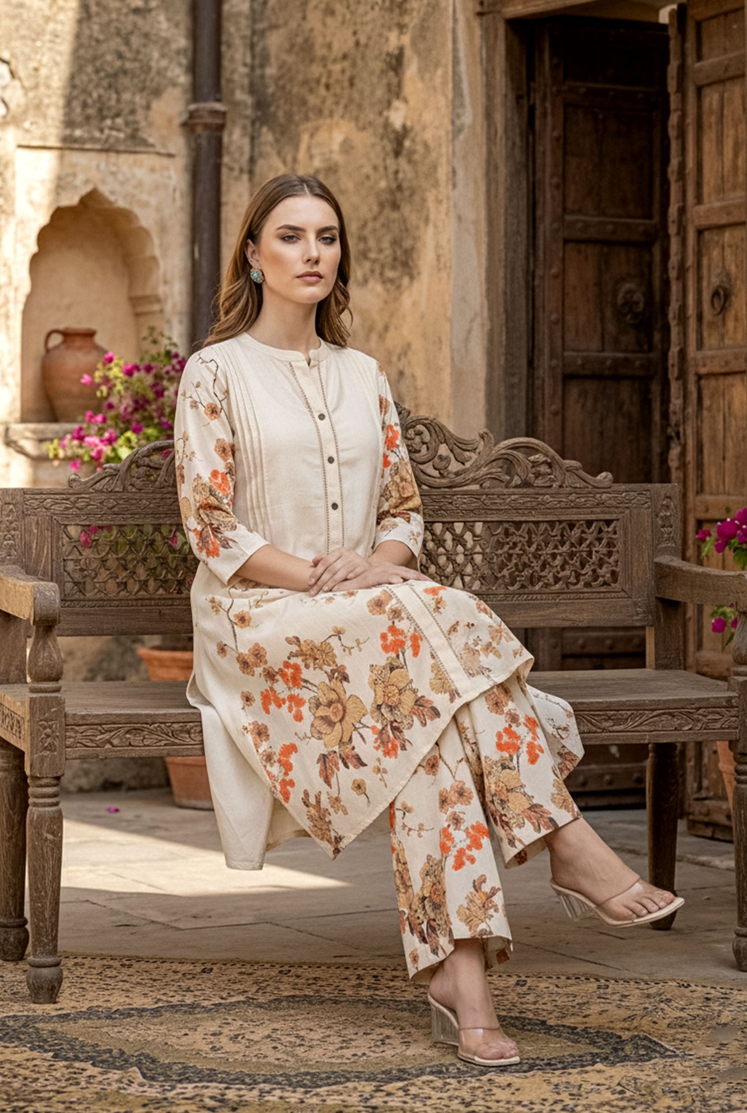 Cream & Orange Floral Print Pintuck A-line Co-ord Set