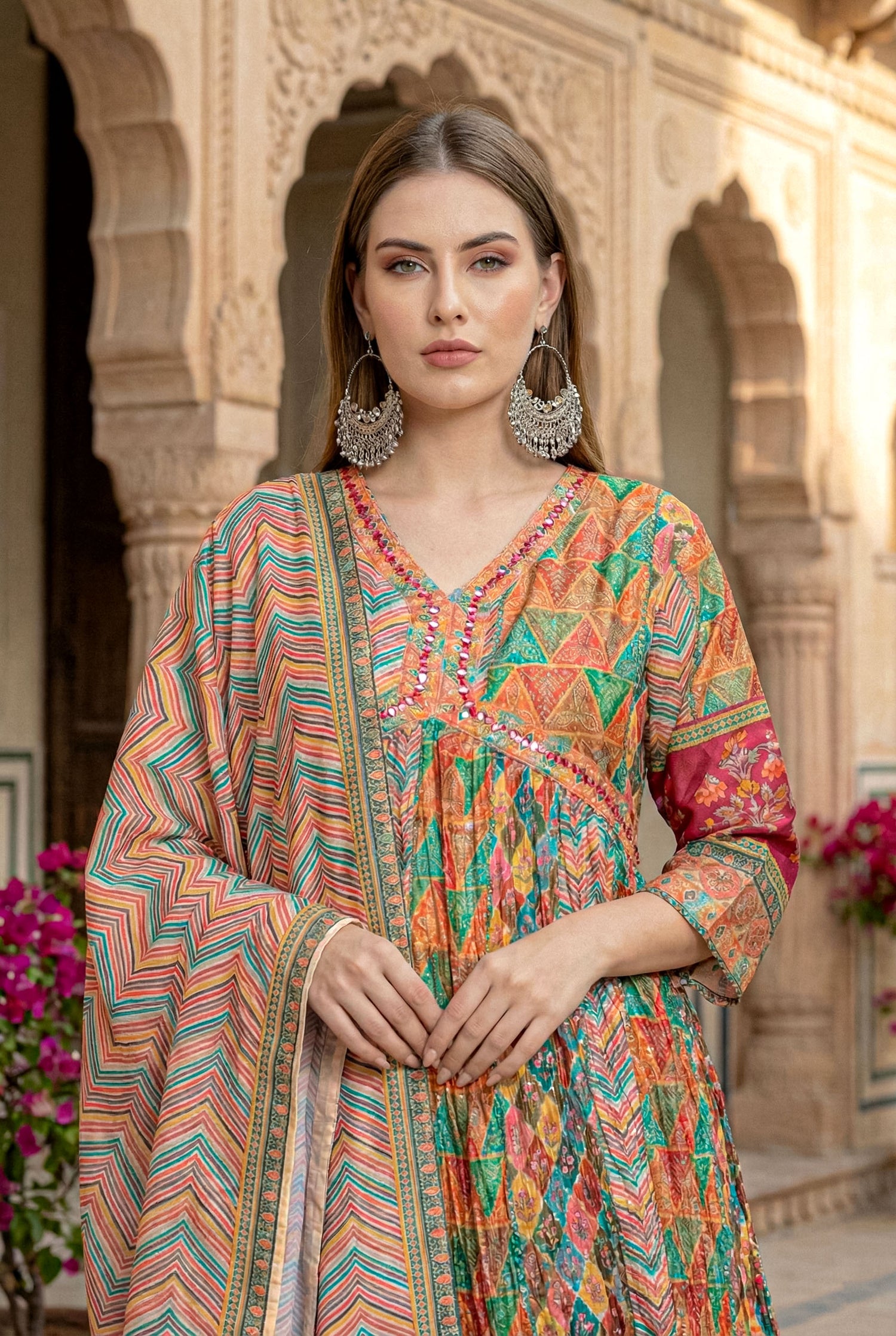 Embroidered Anarkali Suit with Leheriya Print Dupatta