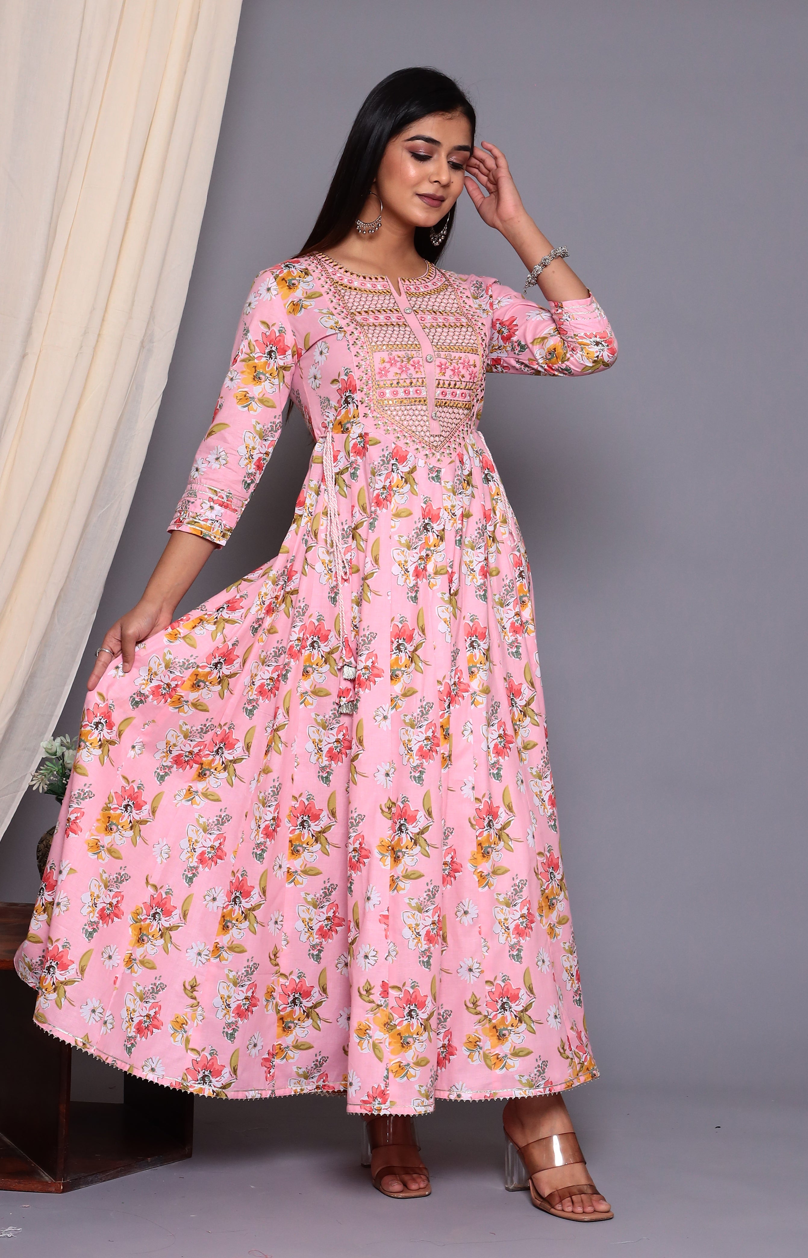 Women's Embroideried Pink Flared Gown