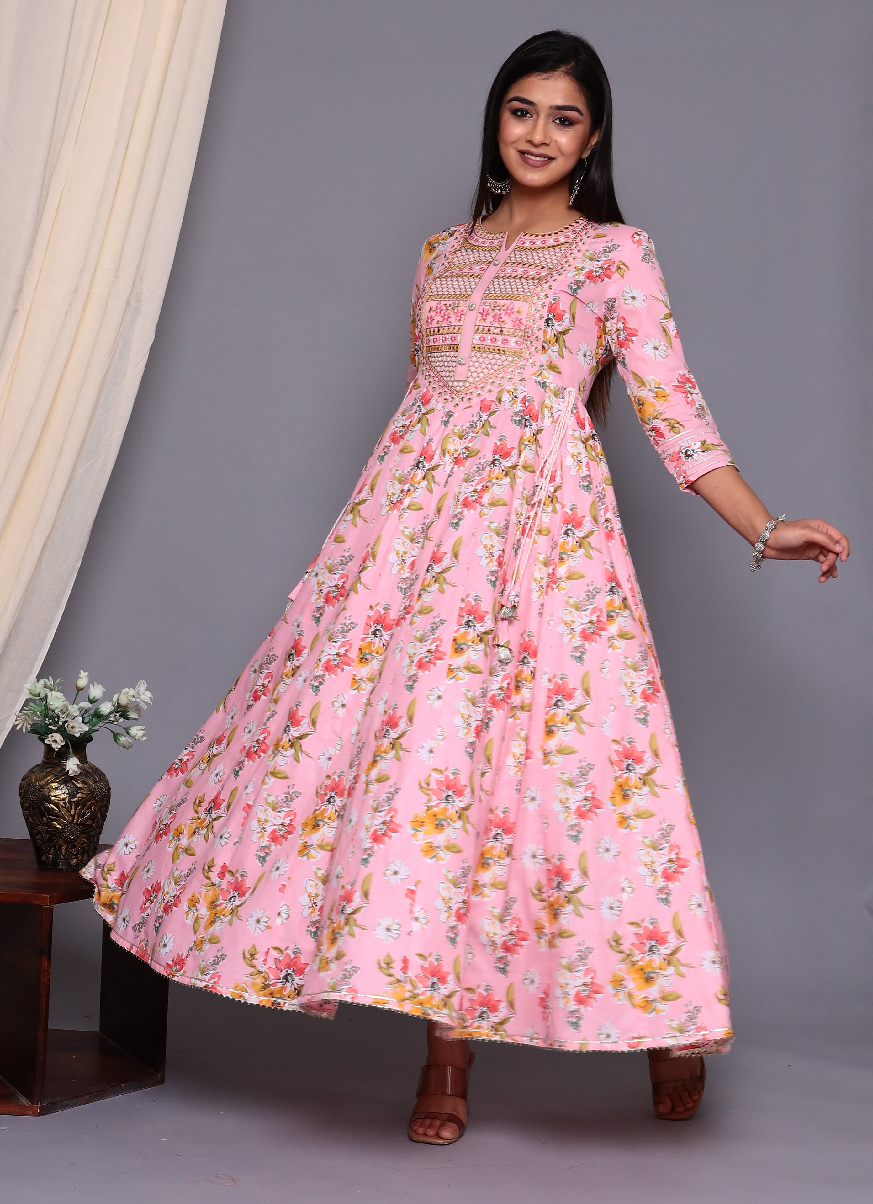 Women's Embroideried Pink Flared Gown