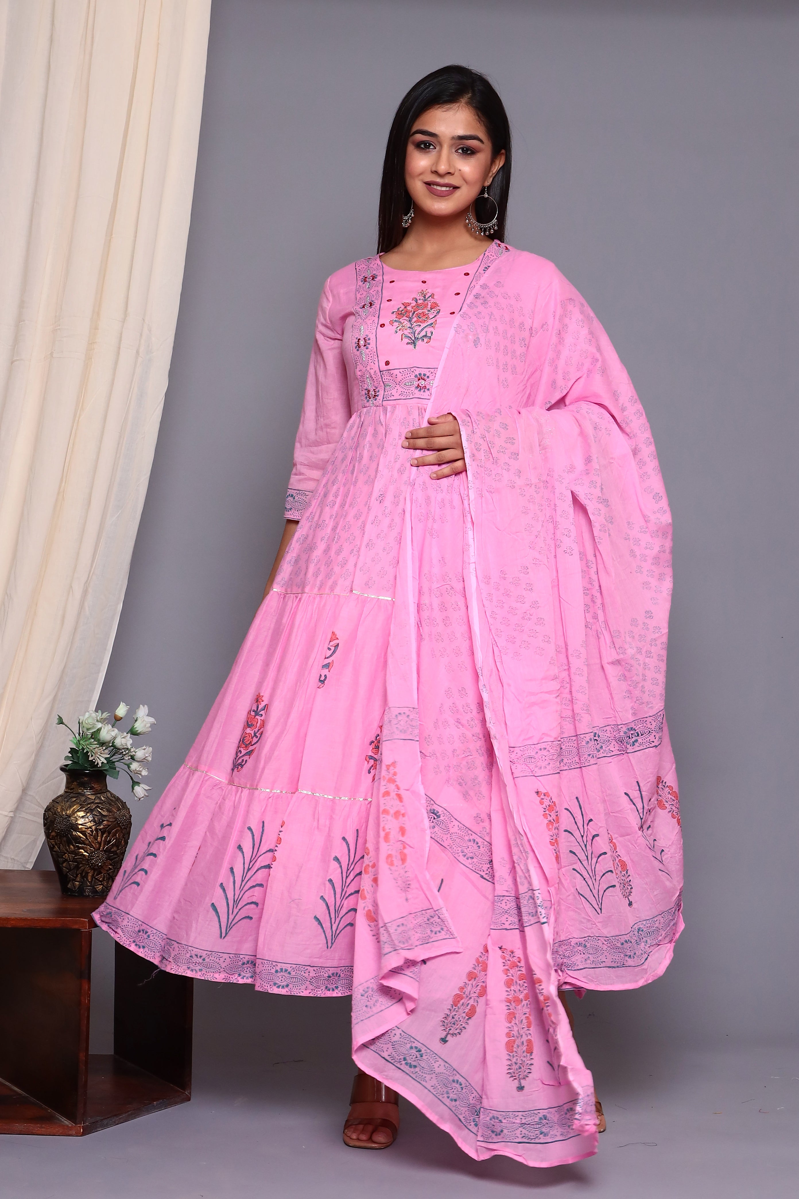 Authentic Pink Handblock Gown Dupatta