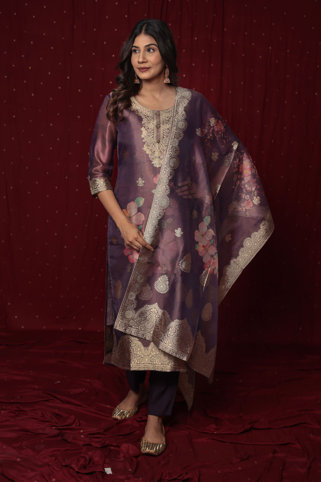 Deluxe Jacquard Organza purple Suit with Jacquard Dupatta, Soft Silk Pant and Inner Lining in Kurti