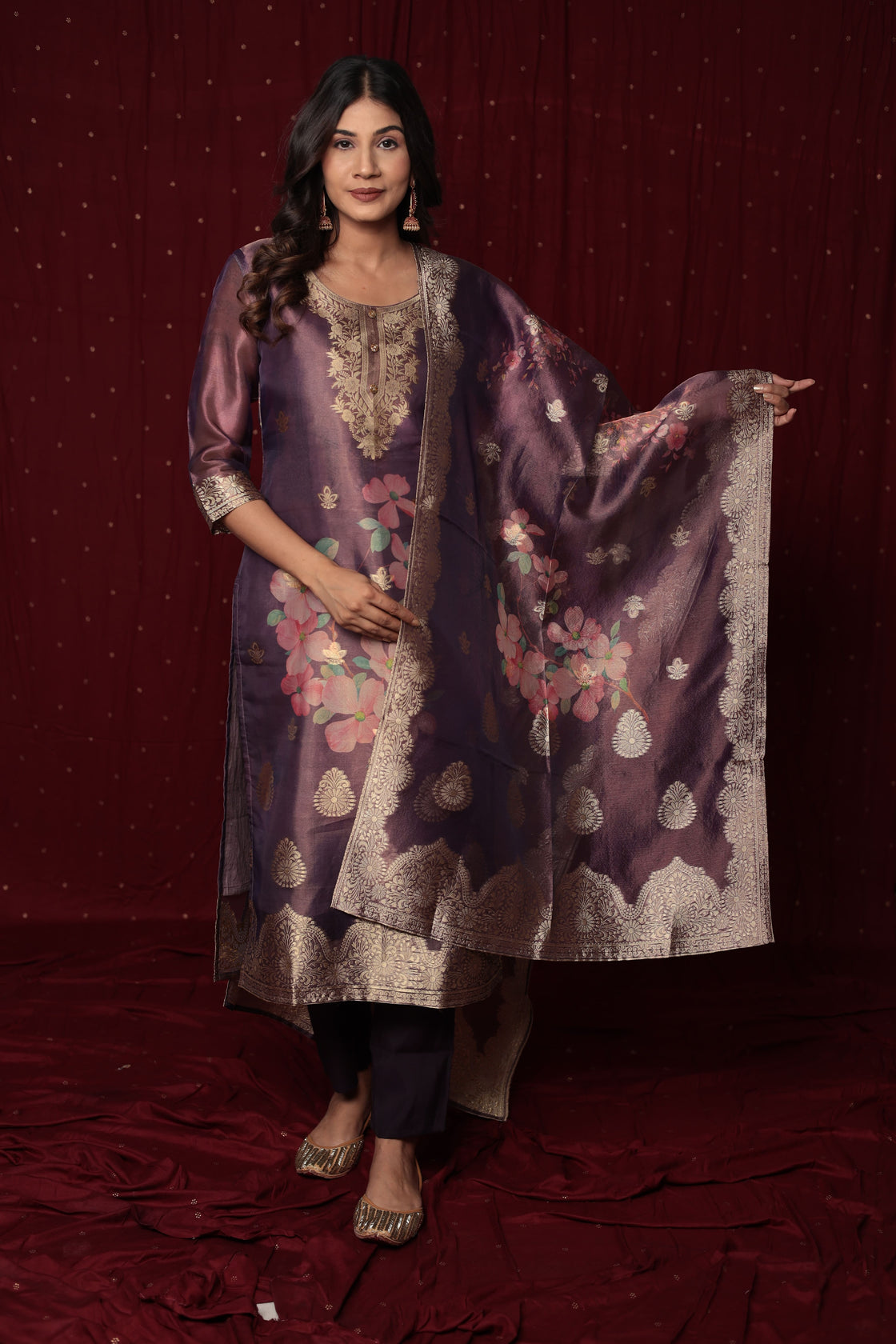 Deluxe Jacquard Organza purple Suit with Jacquard Dupatta, Soft Silk Pant and Inner Lining in Kurti