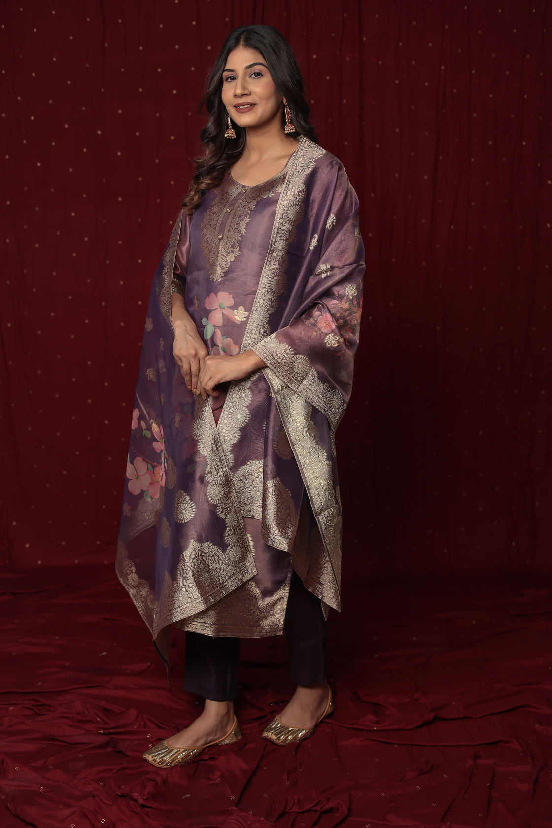 Deluxe Jacquard Organza purple Suit with Jacquard Dupatta, Soft Silk Pant and Inner Lining in Kurti