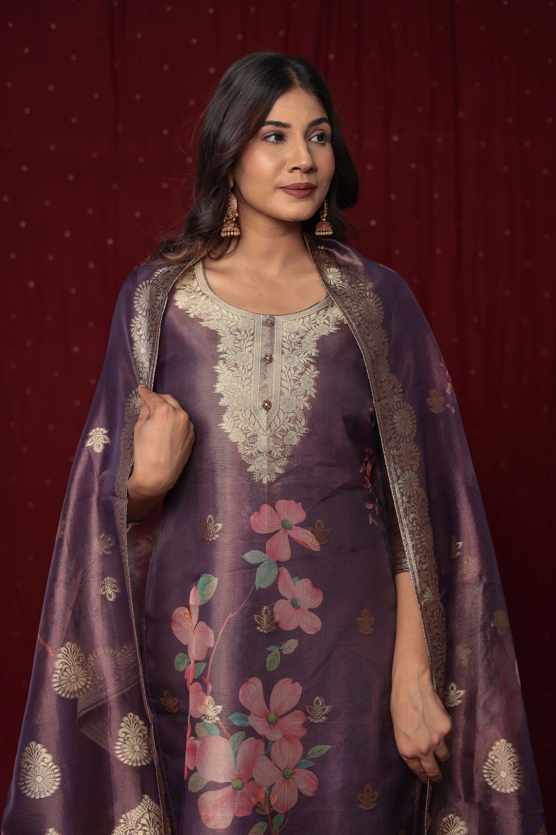 Deluxe Jacquard Organza purple Suit with Jacquard Dupatta, Soft Silk Pant and Inner Lining in Kurti