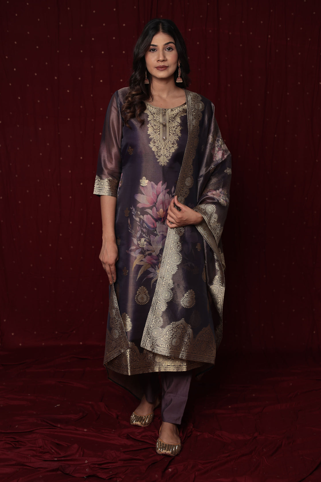 Deluxe Jacquard Organza purple Suit with Jacquard Dupatta, Soft Silk Pant and Inner Lining in Kurti