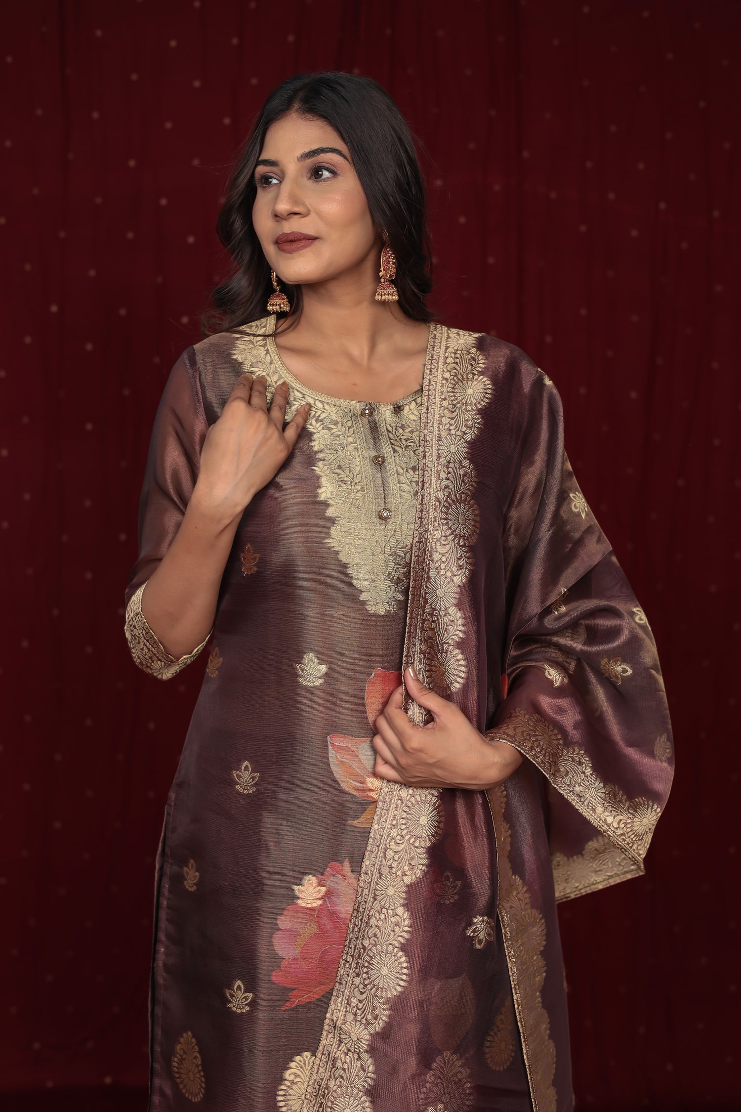 Deluxe Jacquard Organza Brown Suit with Jacquard Dupatta, Soft Silk Pant and Inner Lining in Kurti